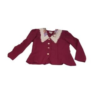 VINTAGE Jacket Blouse Womens 14P Burgundy Lace Hanky Collar Floral 80s Buttons